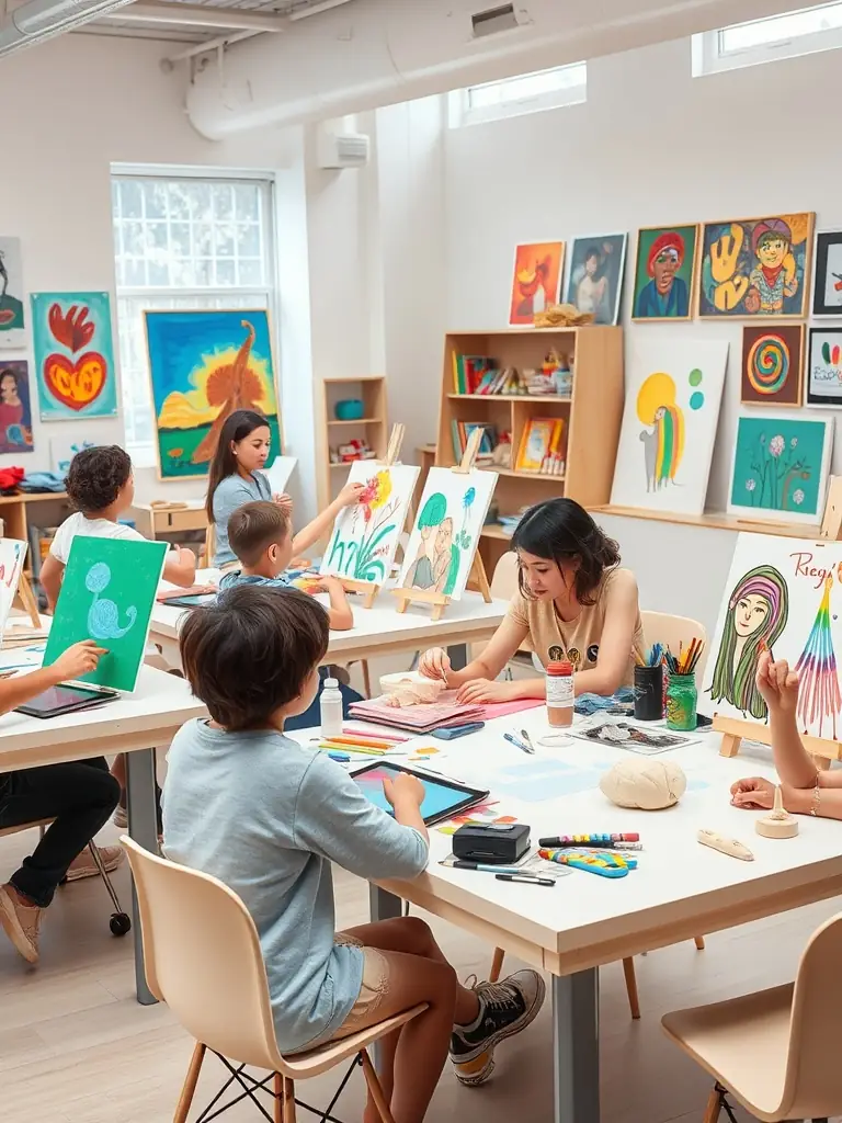 A picture of a workshop where participants are learning new artistic skills, such as painting, sculpting, or digital art, showcasing the organization's dedication to providing access to cultural education.