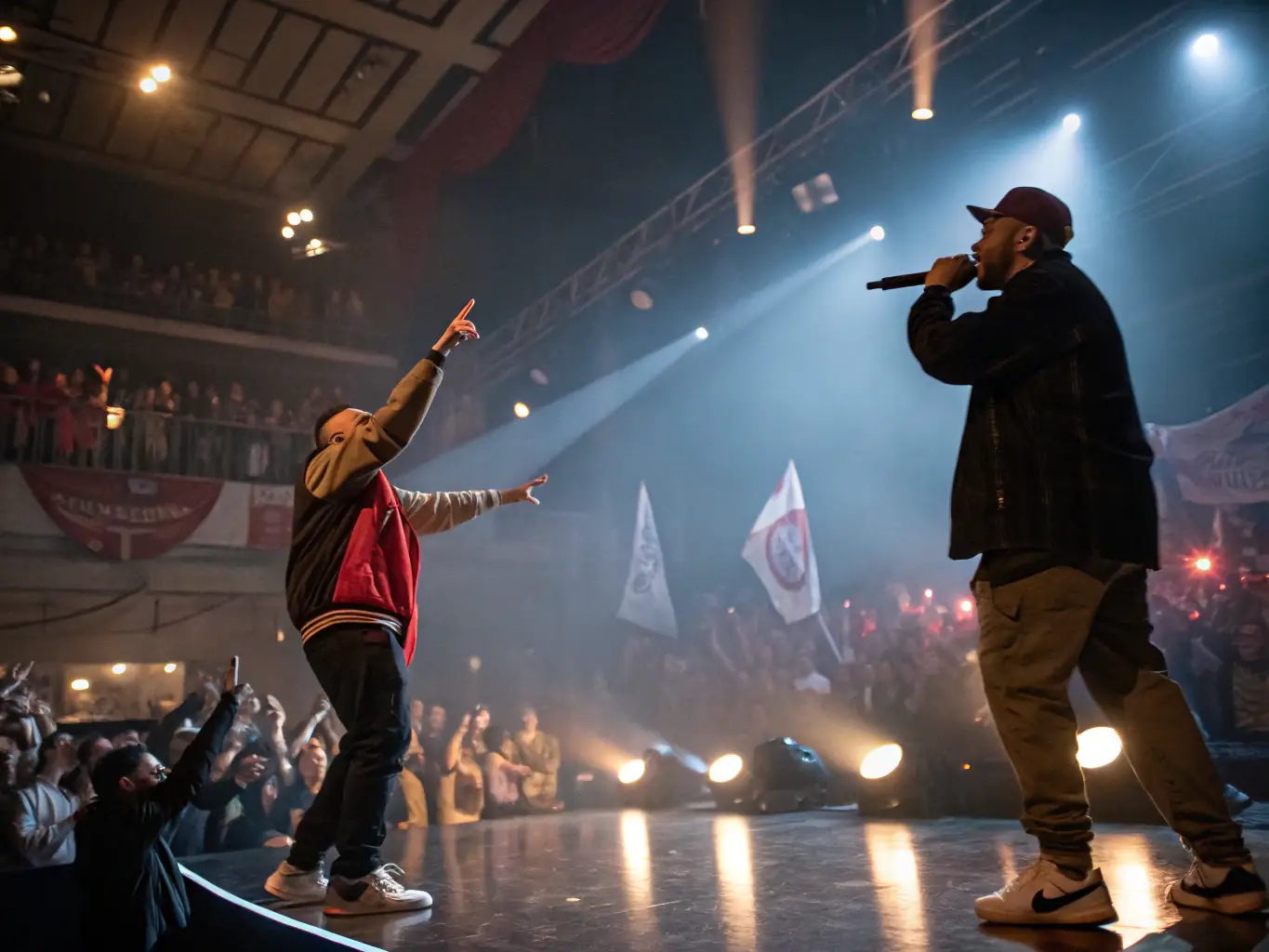 A photograph capturing a live performance at ASSOCIATION BAZARNAOM, featuring dancers or musicians on stage, with an engaged audience in the background.