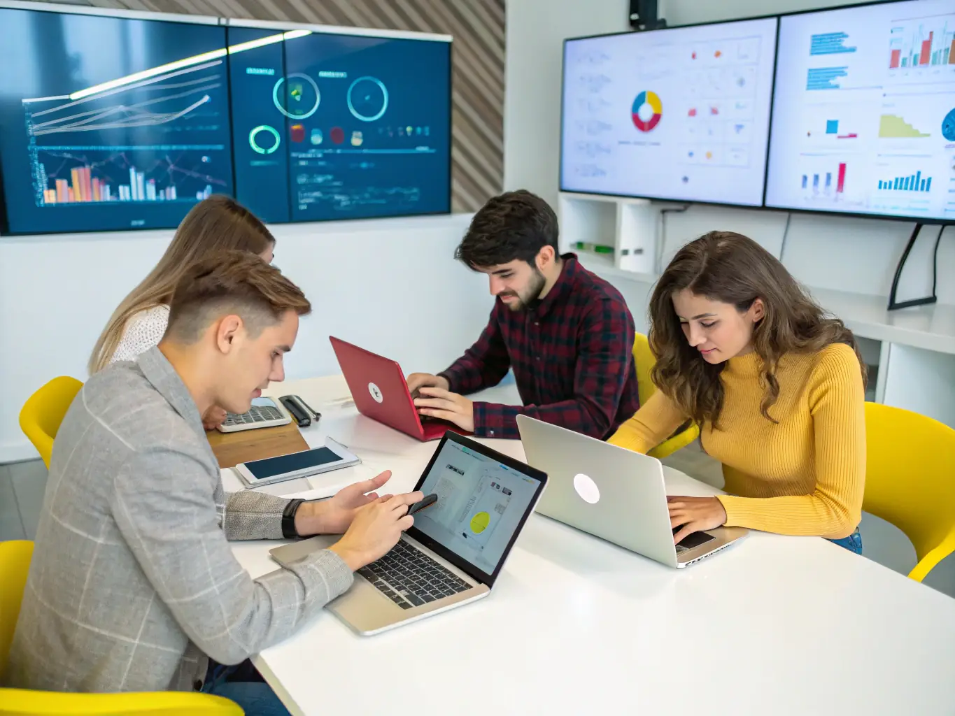 An inspiring image showing a group of young people participating in a digital arts program, learning new skills and exploring creative technologies.