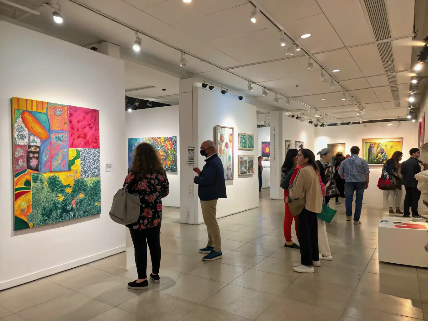 An image of an art exhibition at ASSOCIATION BAZARNAOM, with various artworks displayed and visitors admiring the pieces.