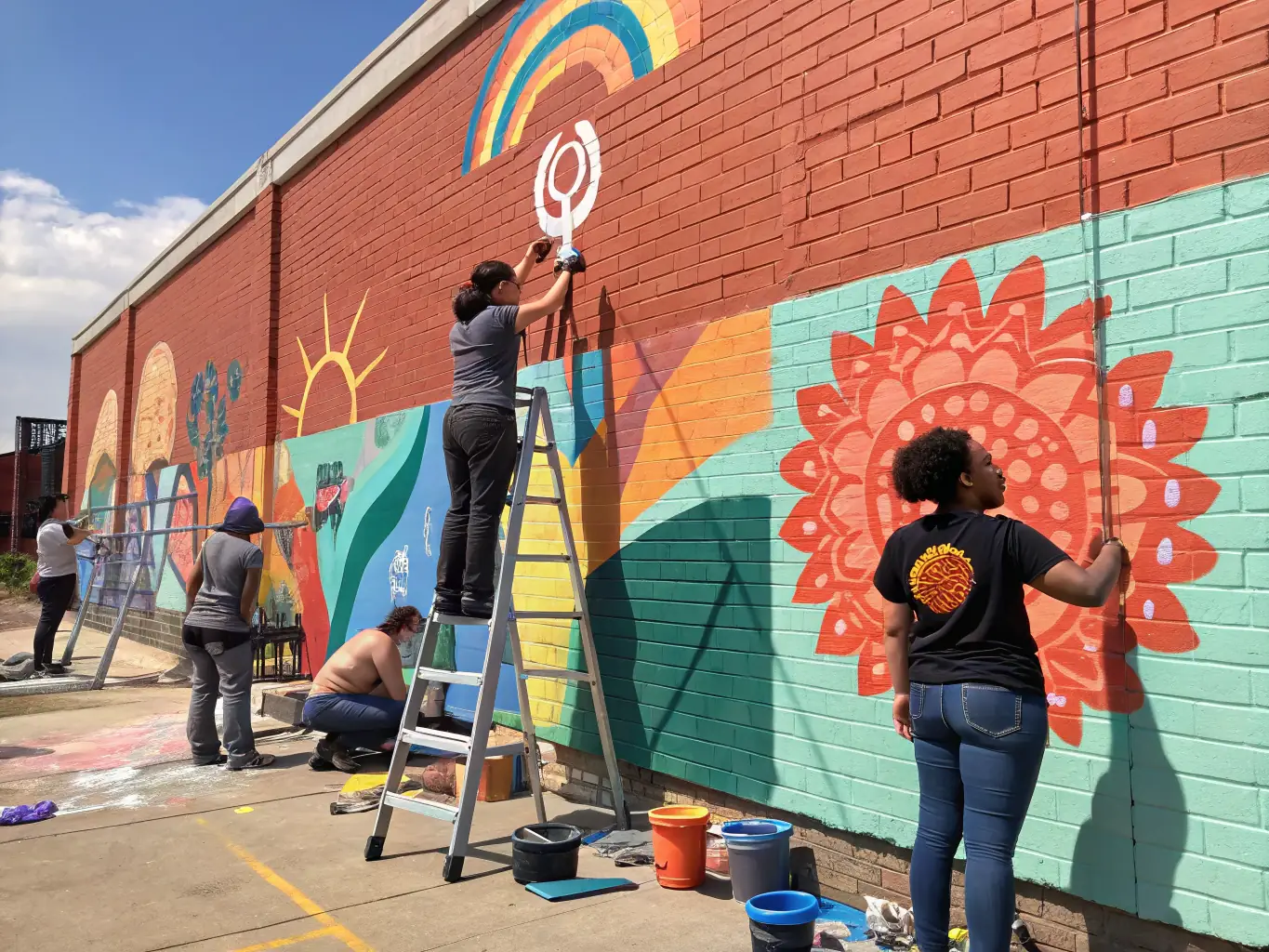 A vibrant image depicting participants engaged in a collaborative mural painting workshop, showcasing the community's artistic expression and teamwork.