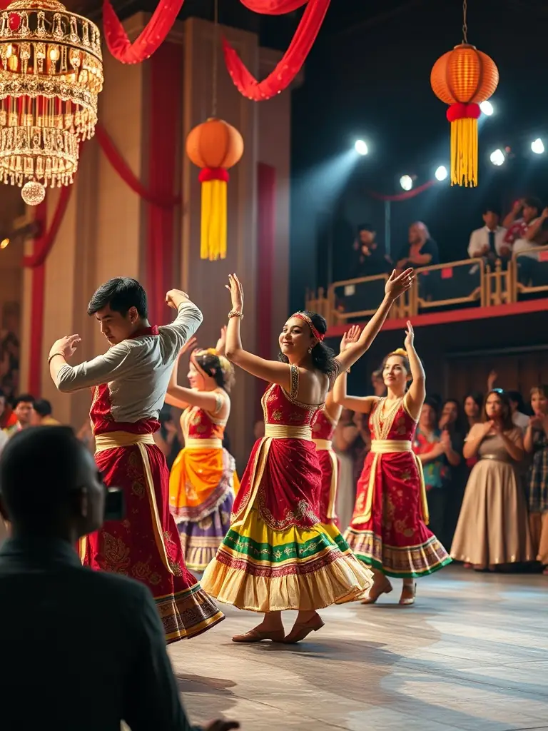 A photo of a vibrant cultural performance featuring dancers and musicians from diverse backgrounds, highlighting the organization's commitment to cultural diversity and inclusion.