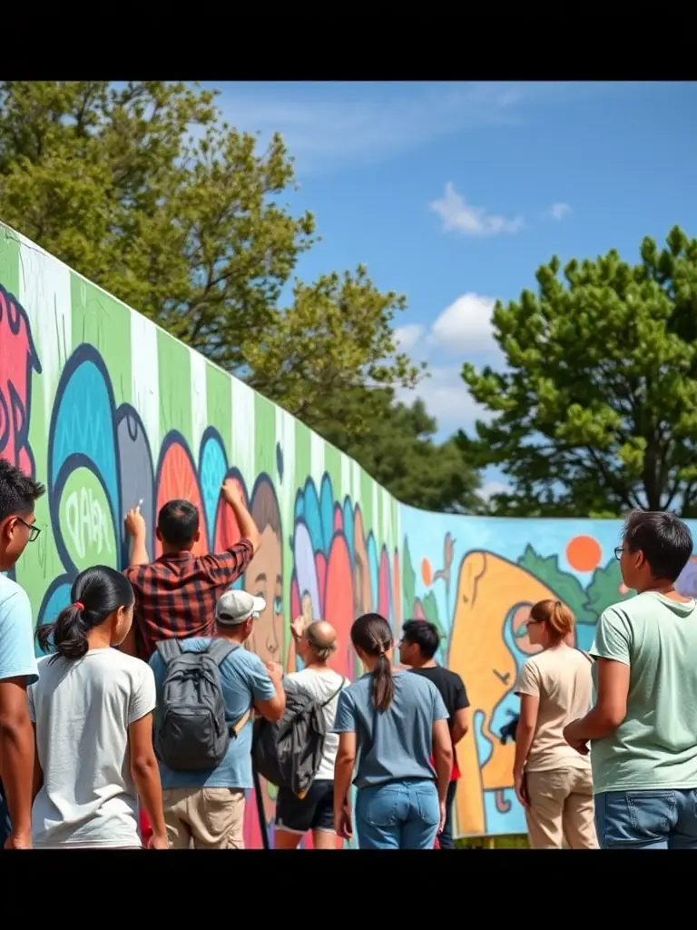 A photograph capturing a diverse group of people participating in a collaborative mural painting project, symbolizing community engagement and artistic expression.